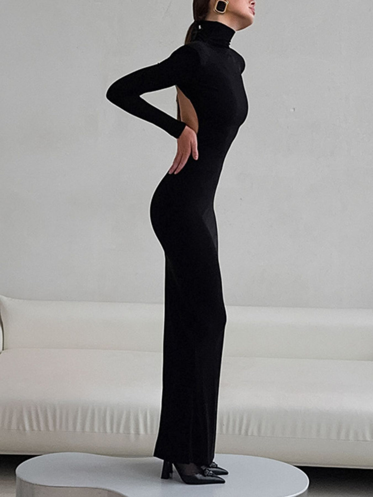 Backless Turtleneck Maxi Dress in Black