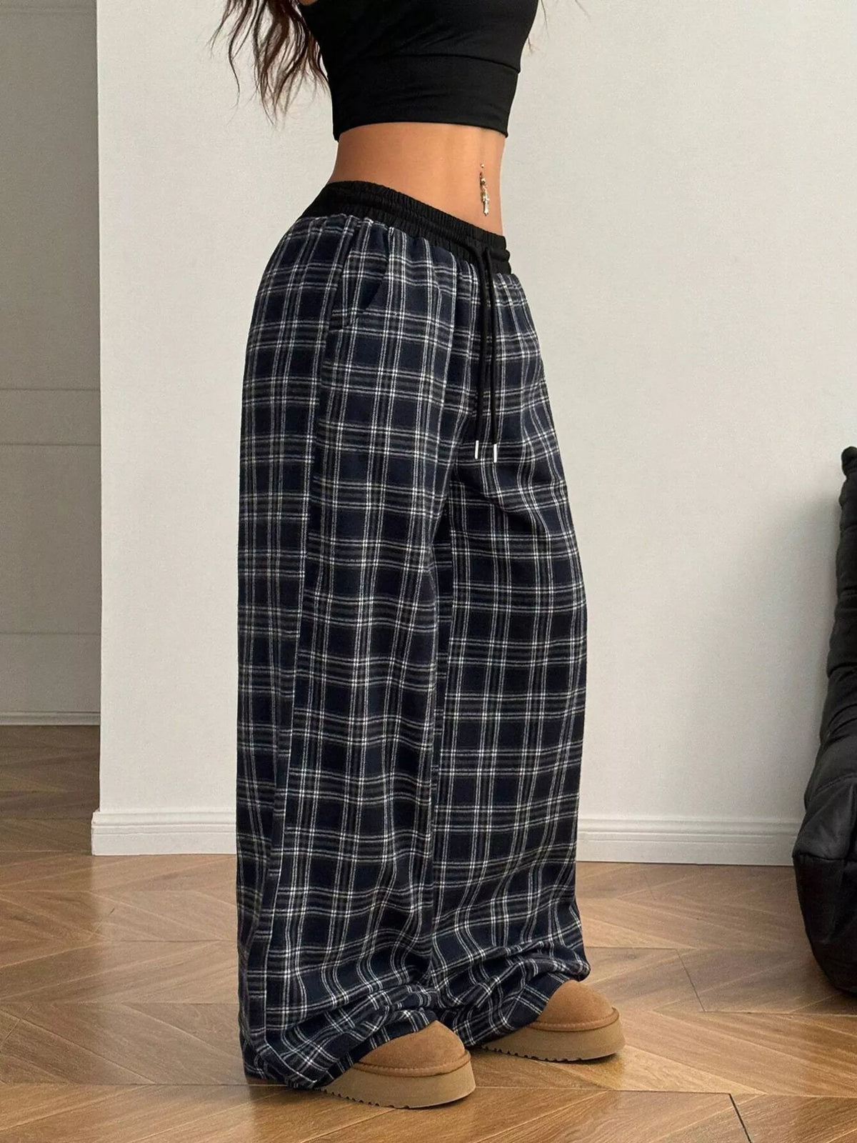Plaid Drawstring Wide Leg Pants