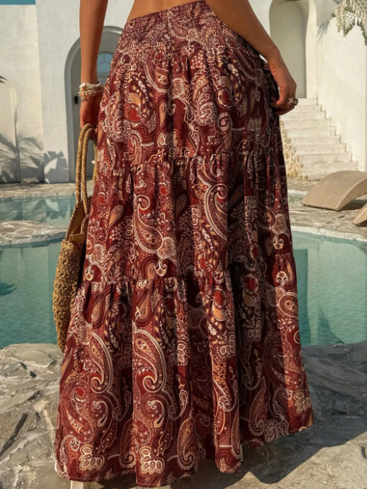 Paisley Print Tiered Maxi Skirt