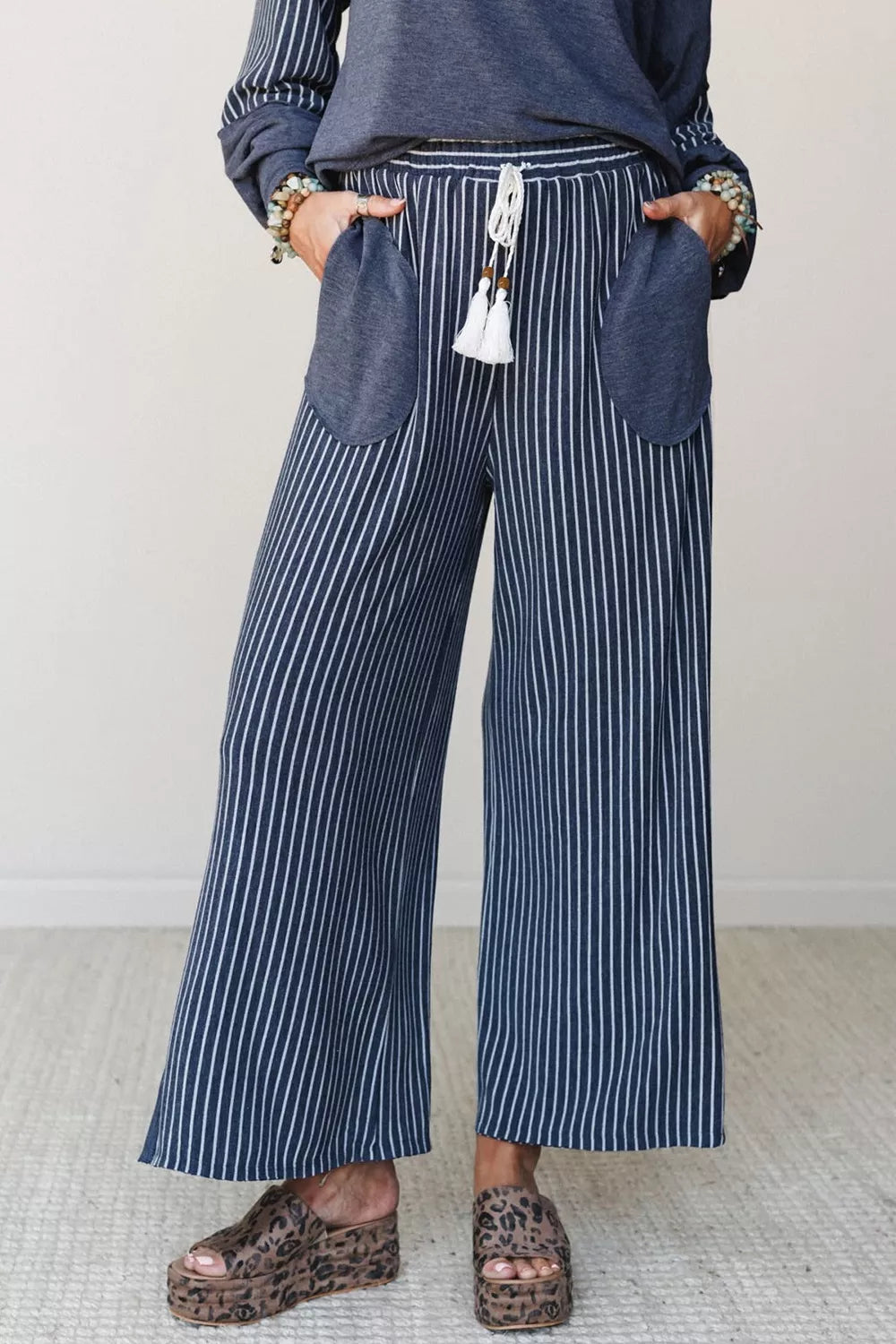 Raw Seam Patchwork Top and Pants Set in Dusty Blue