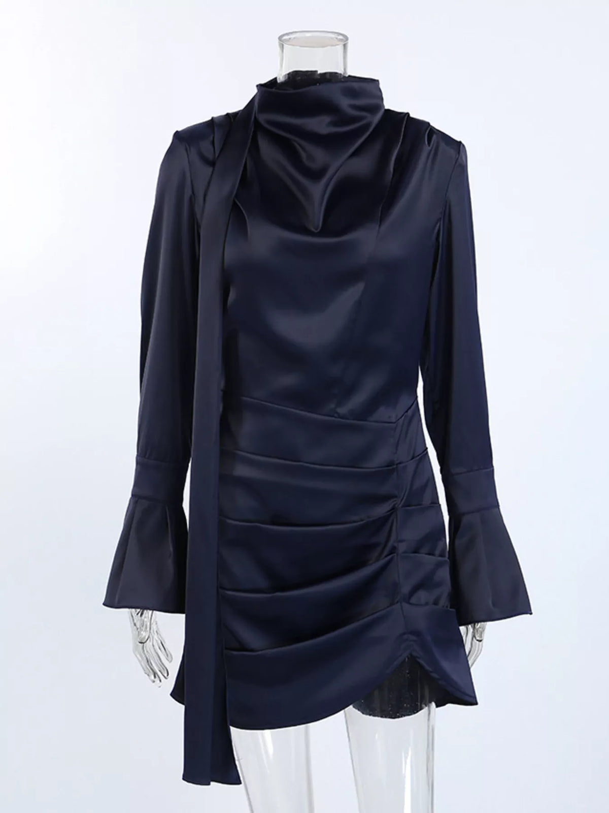 Mock Neck Flounce-Sleeve Dress in Dark Navy