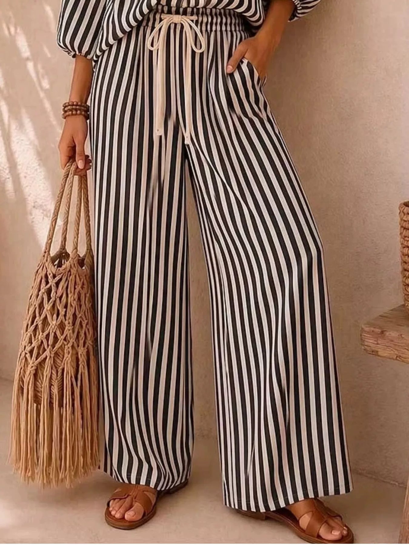 Striped Puff-Sleeve Top and Wide-Leg Pants Set