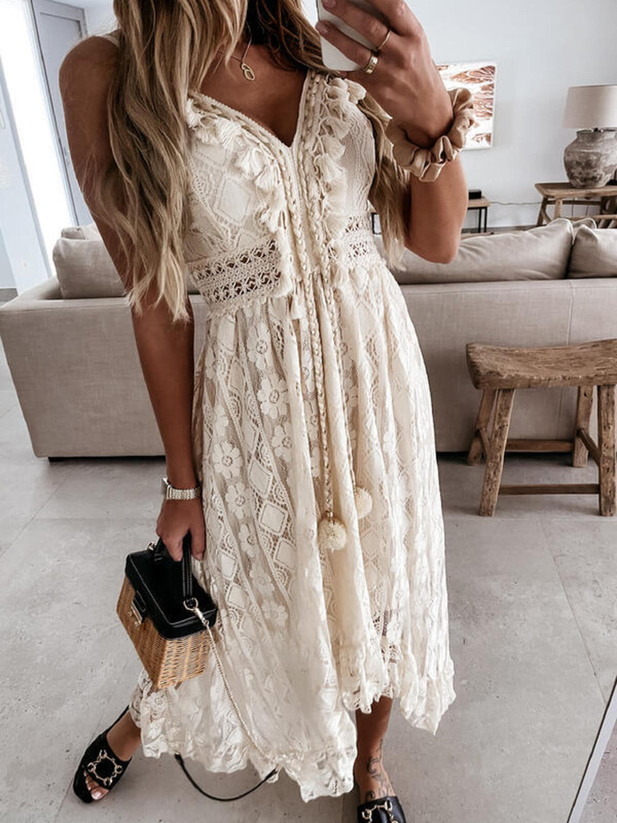Ruffled Lace V-Neck Maxi Dress
