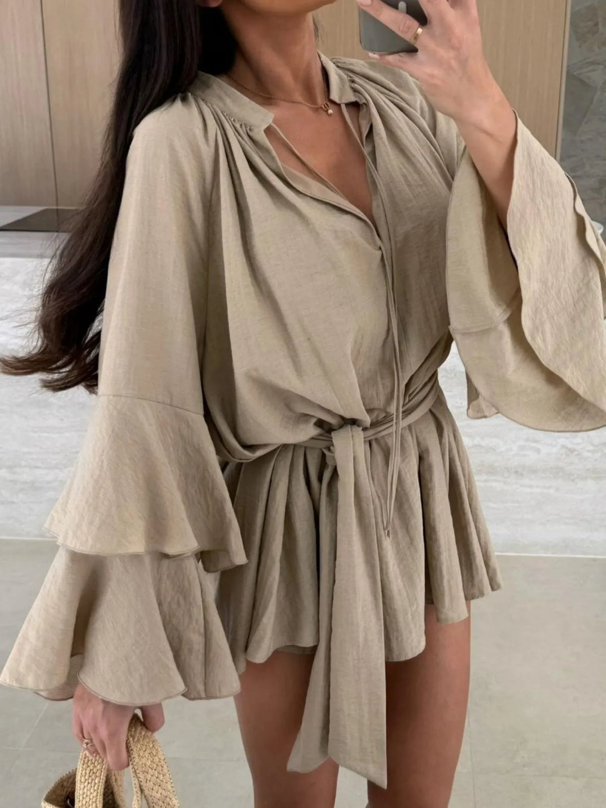 Bell Sleeve Tie-Waist Mini Shirt Dress