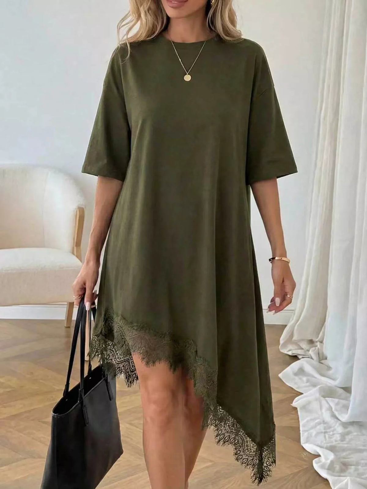 Asymmetrical Hem T-Shirt Dress with Lace Trim