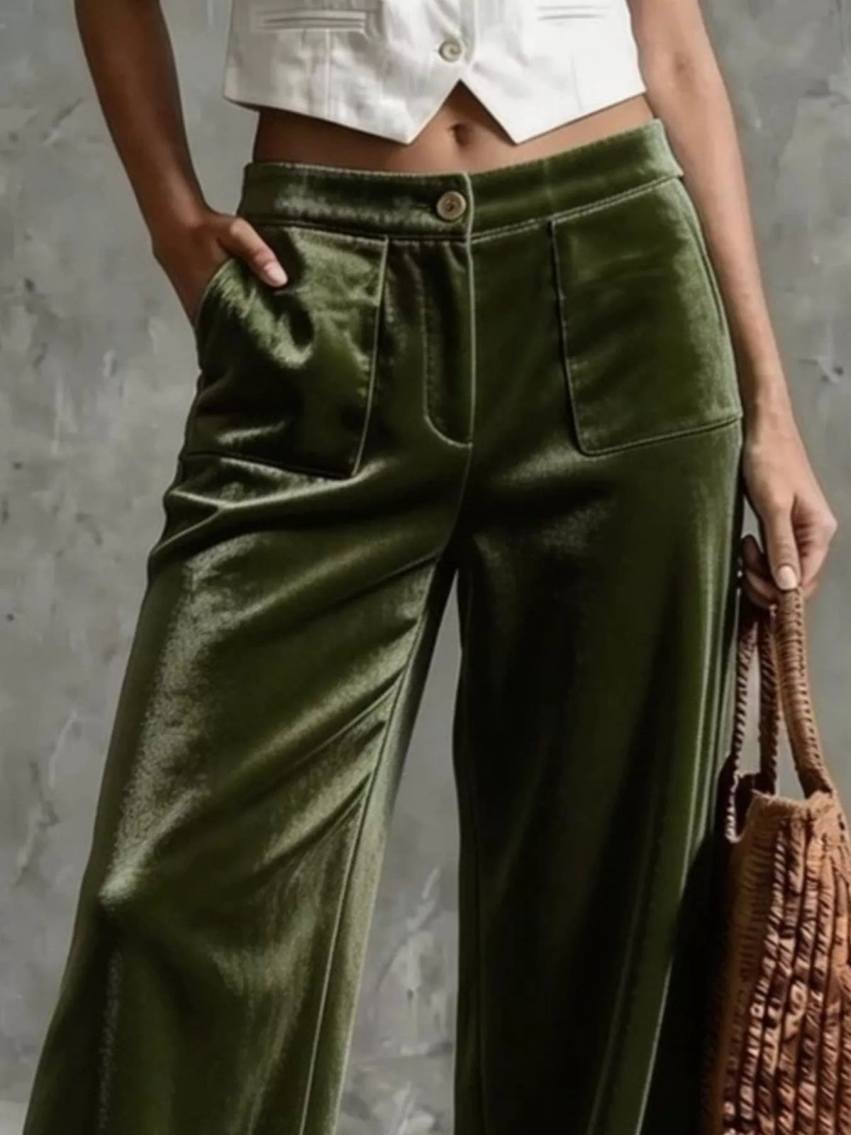 High-Waisted Wide-Leg Velvet Pants with Front Pockets