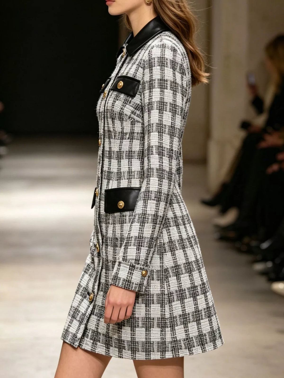 Long Sleeve Plaid Tweed Button-Down Mini Dress in Black