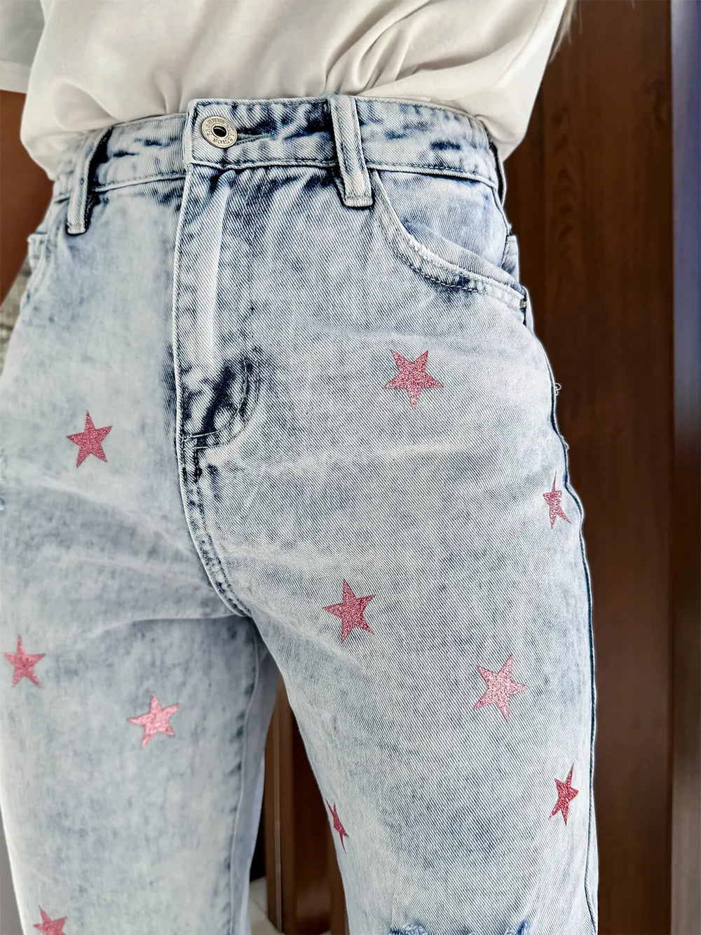 Distressed Star Straight Jeans in Light Wash by Y.Y@Denim