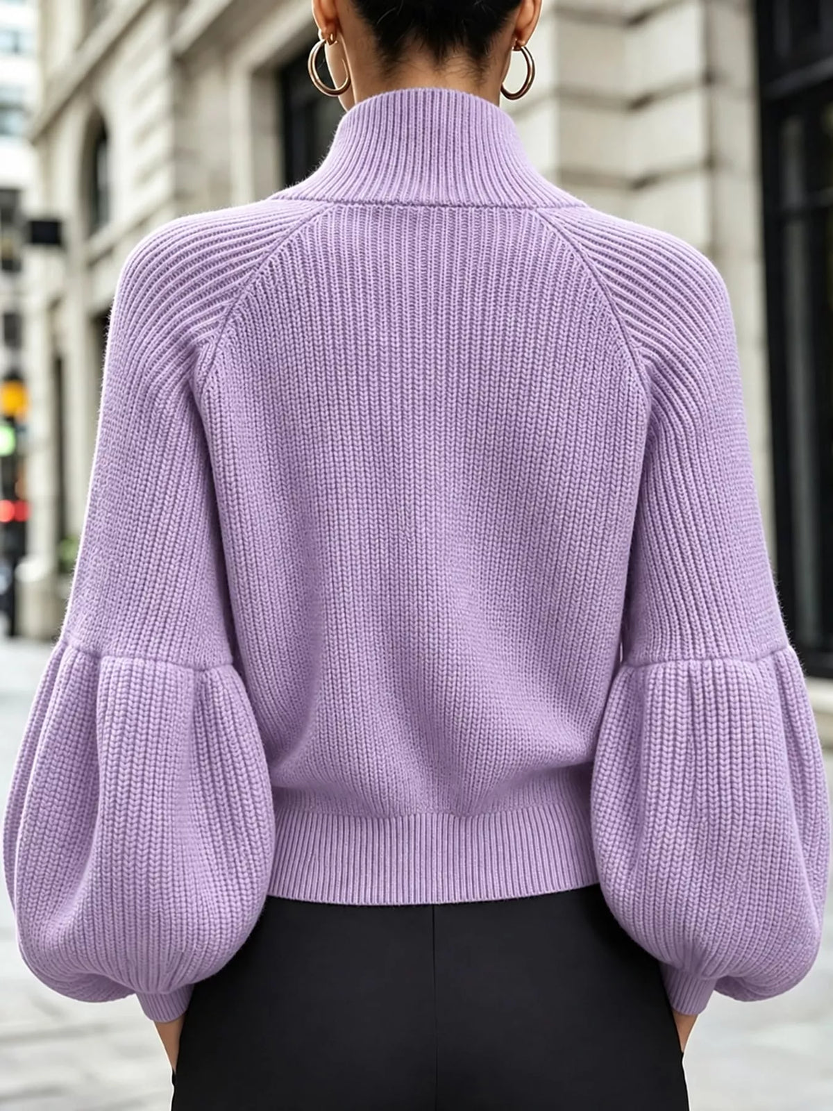 Ribbed Knit Zip-Up Cardigan with Lantern Sleeves
