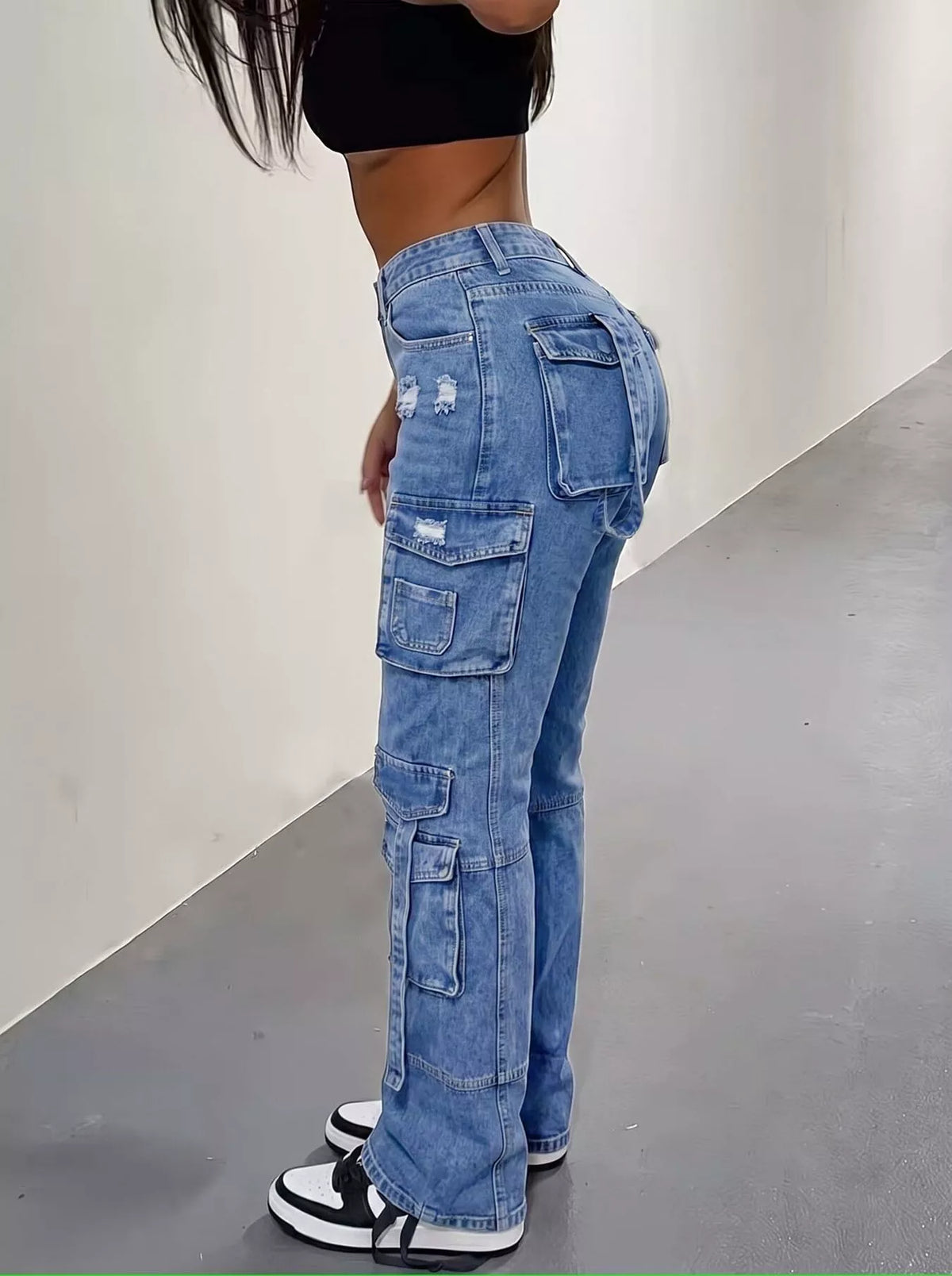 High-Waisted Distressed Cargo Jeans in Dark Blue