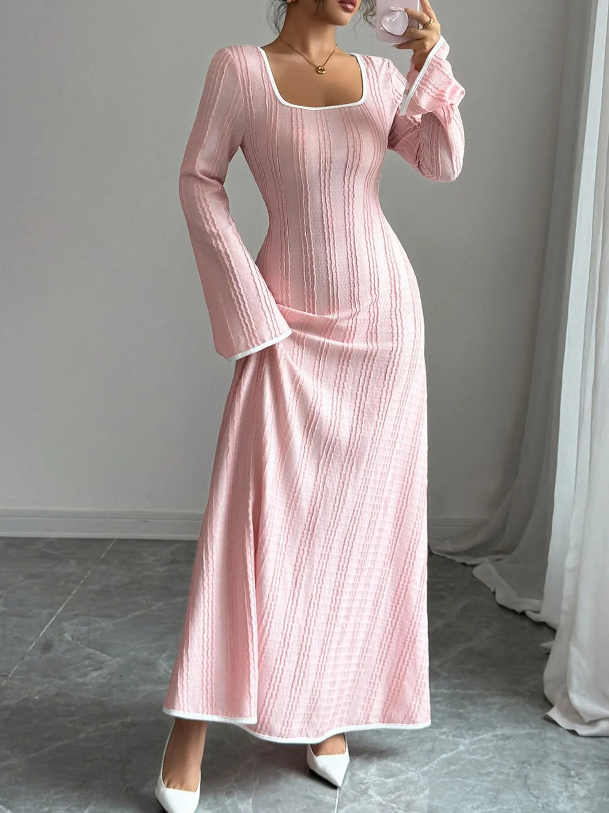 Textured Square-Neck Long-Sleeve Maxi Dress in Blush Pink