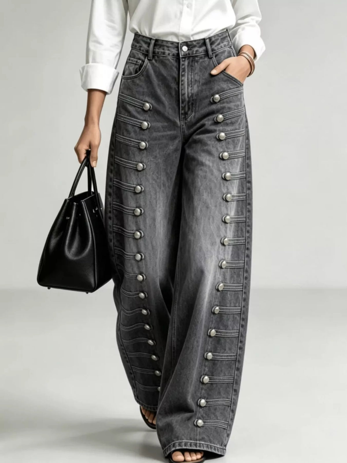 Contrast-Stitch Wide Leg Jeans