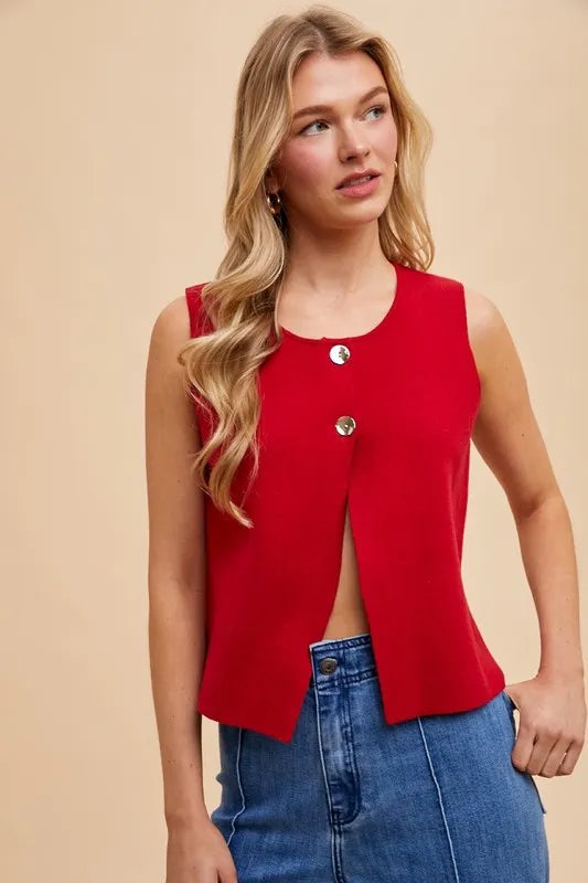 Annie Wear Metal Button Crop Sweater Vest in Red