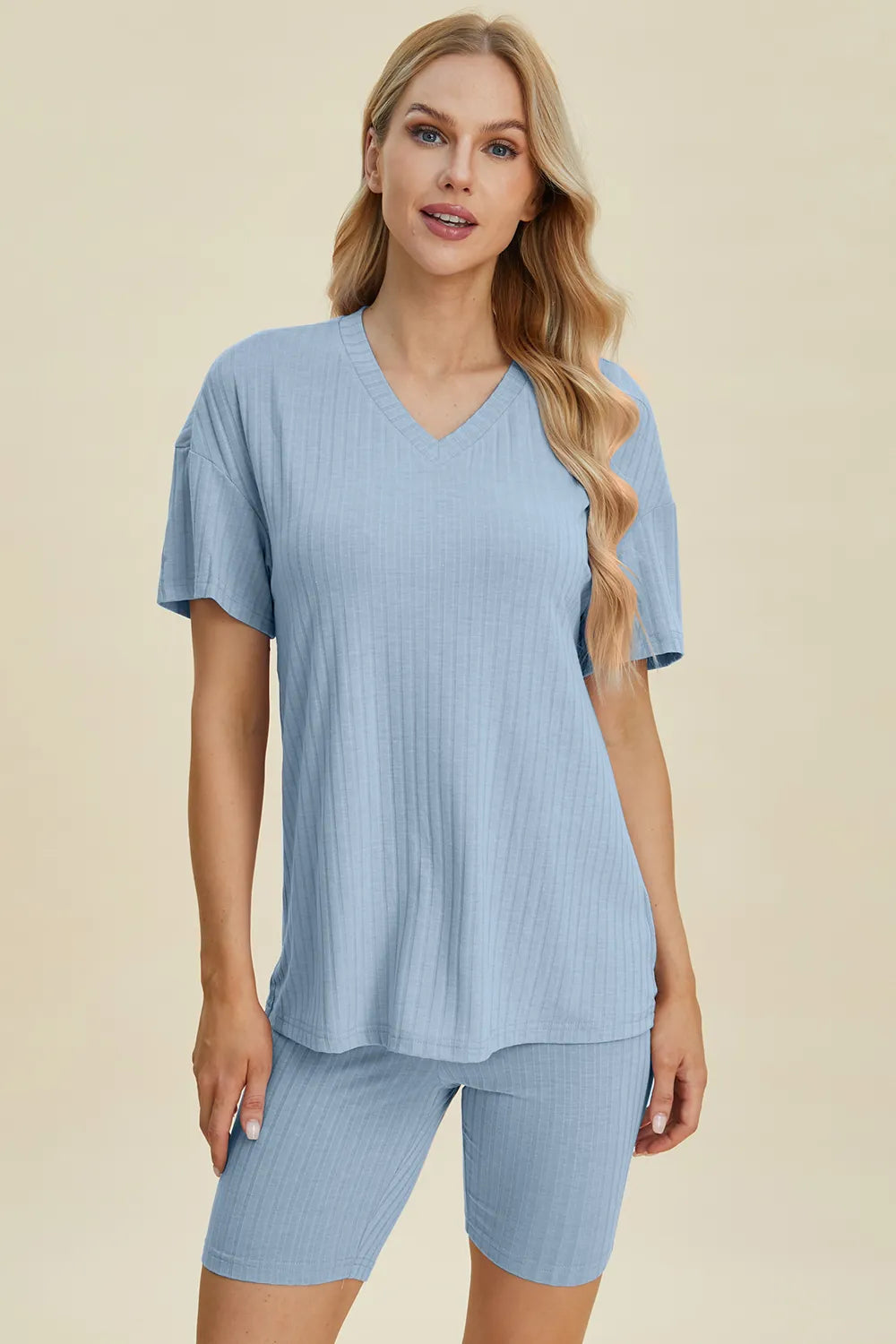 Basic Bae Ribbed V-Neck Top and Shorts Set