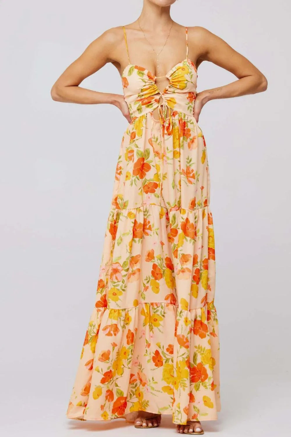 Floral Tie-Front Tiered Maxi Dress