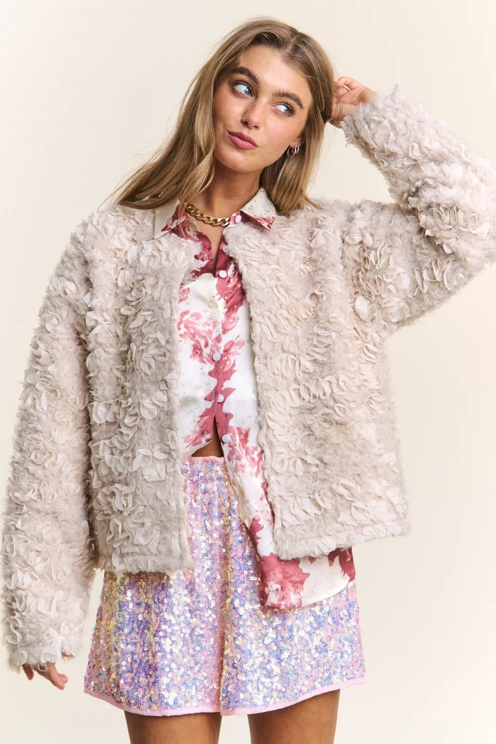 Mixed Fabric Jacket in Ash Beige by J.NNA