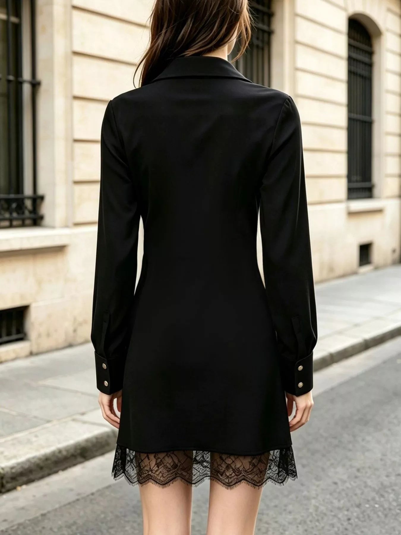 Long Sleeve Shirt Dress with Lace Hem in Black