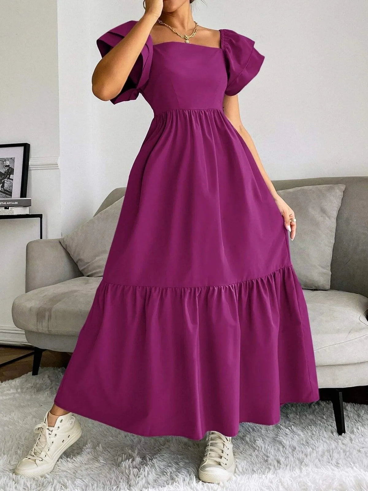 Tiered Ruffle Square-Neck Maxi Dress