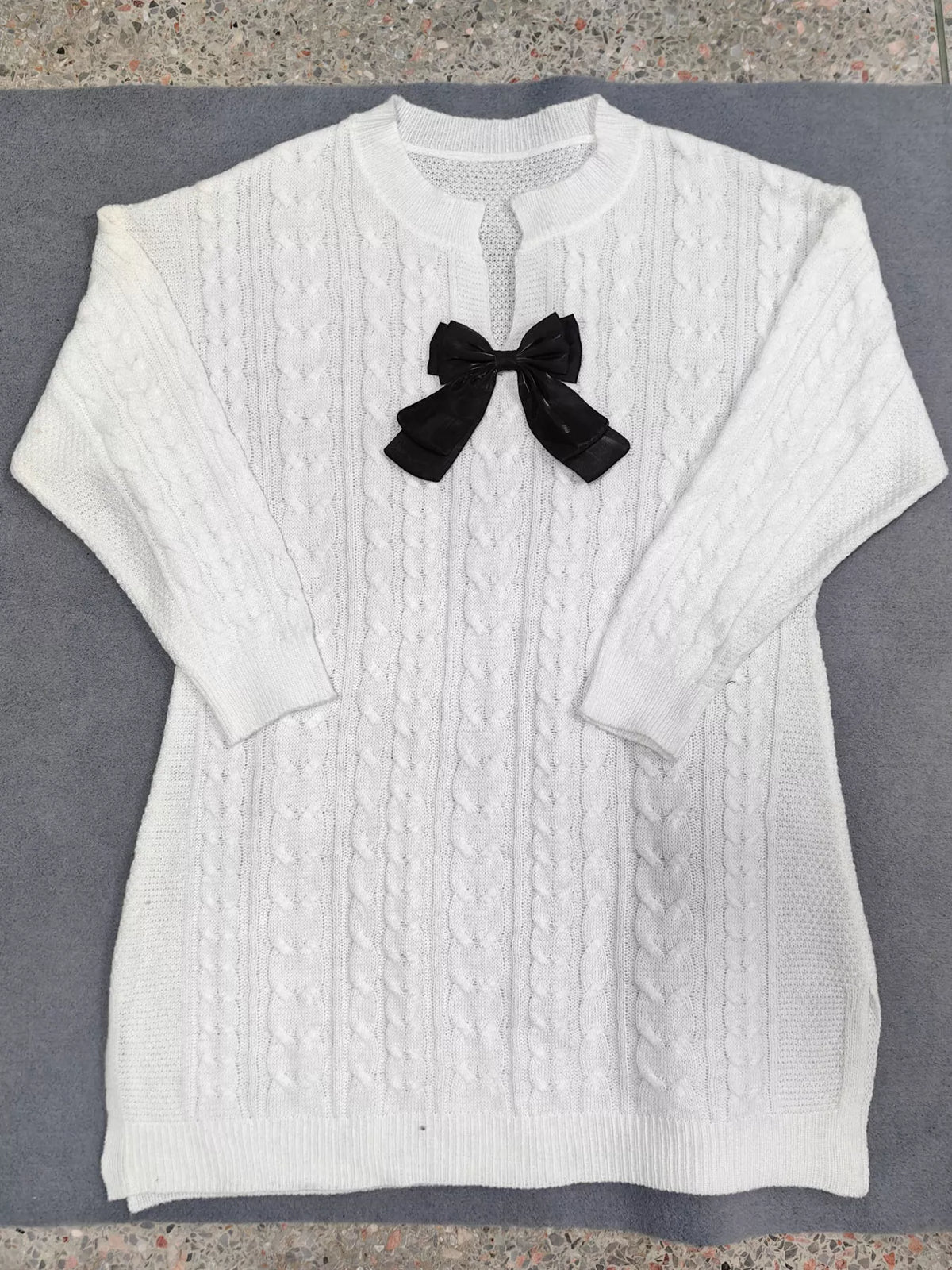 Cable-Knit Sweater Dress with Contrast Bow Detail in White