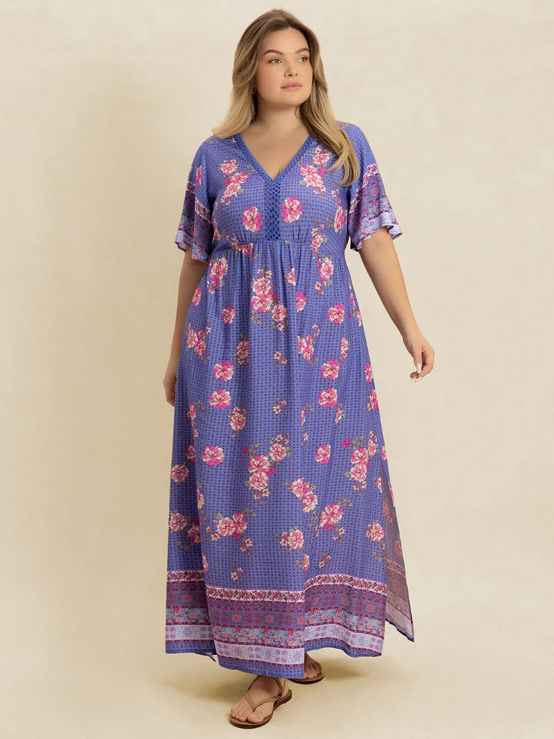 V-Neck Flutter Sleeve Dress in Blue Purple