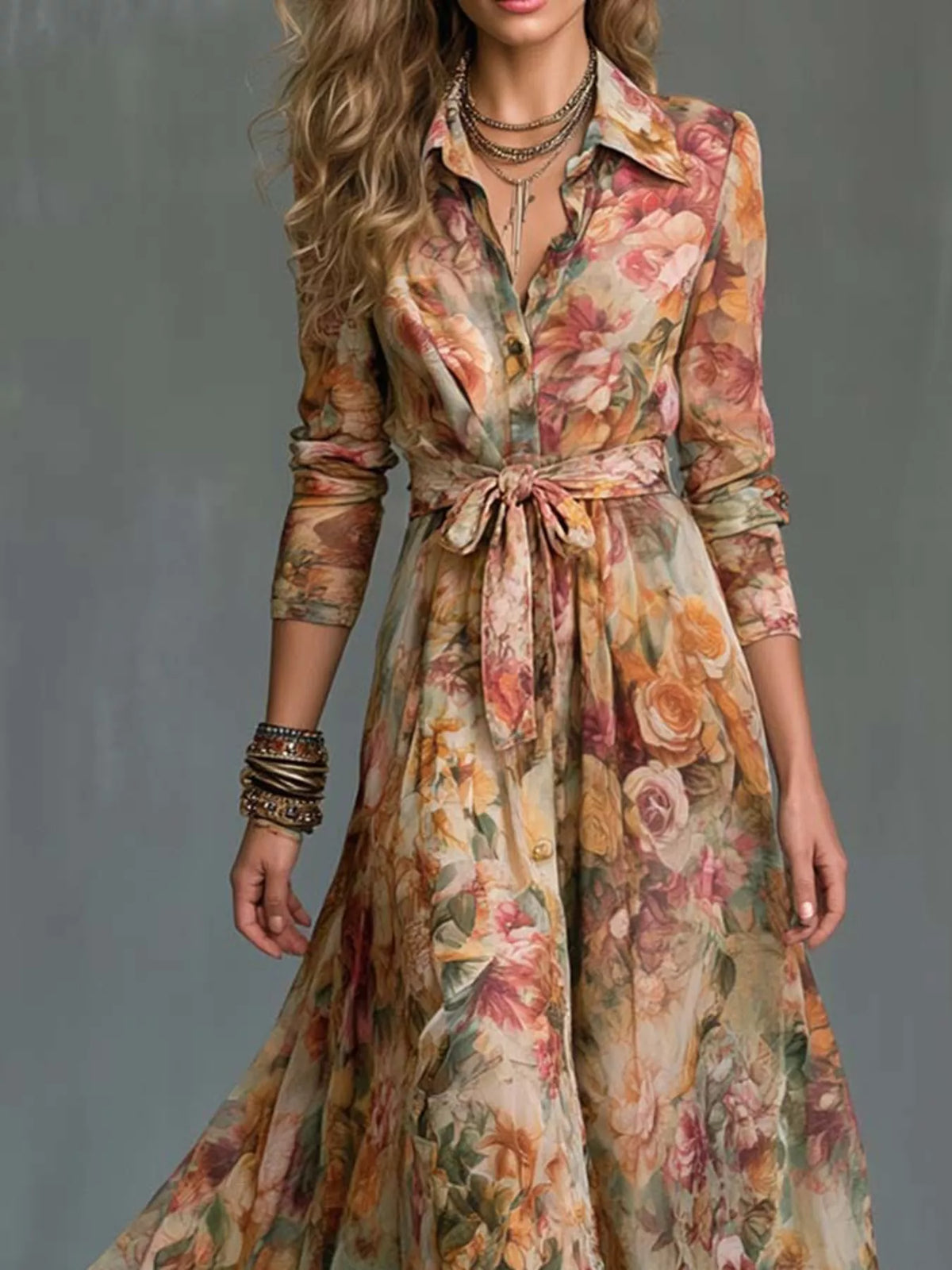Buttoned Long Sleeve Maxi Shirt Dress in Floral