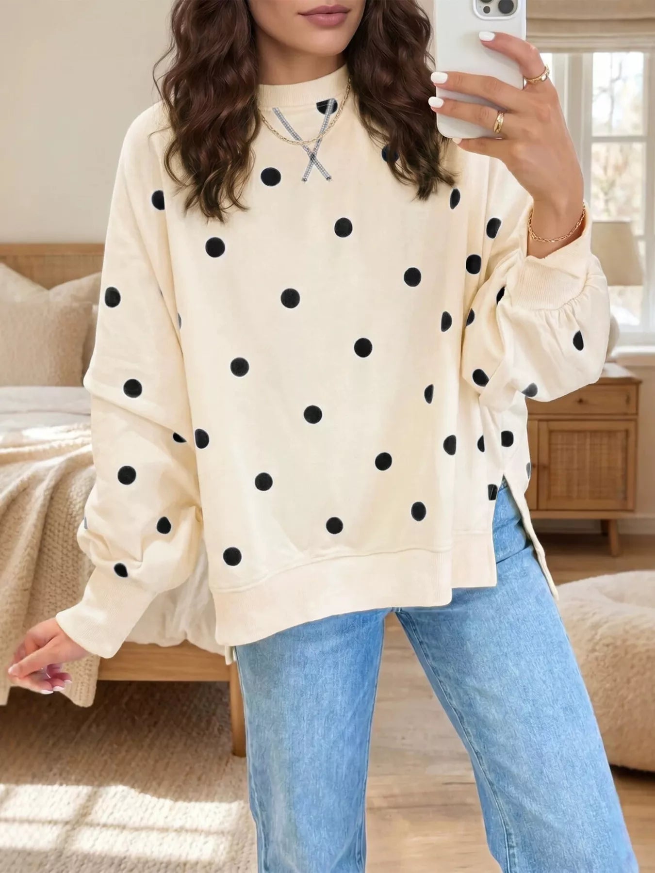 Side Slit Polka Dot Sweatshirt