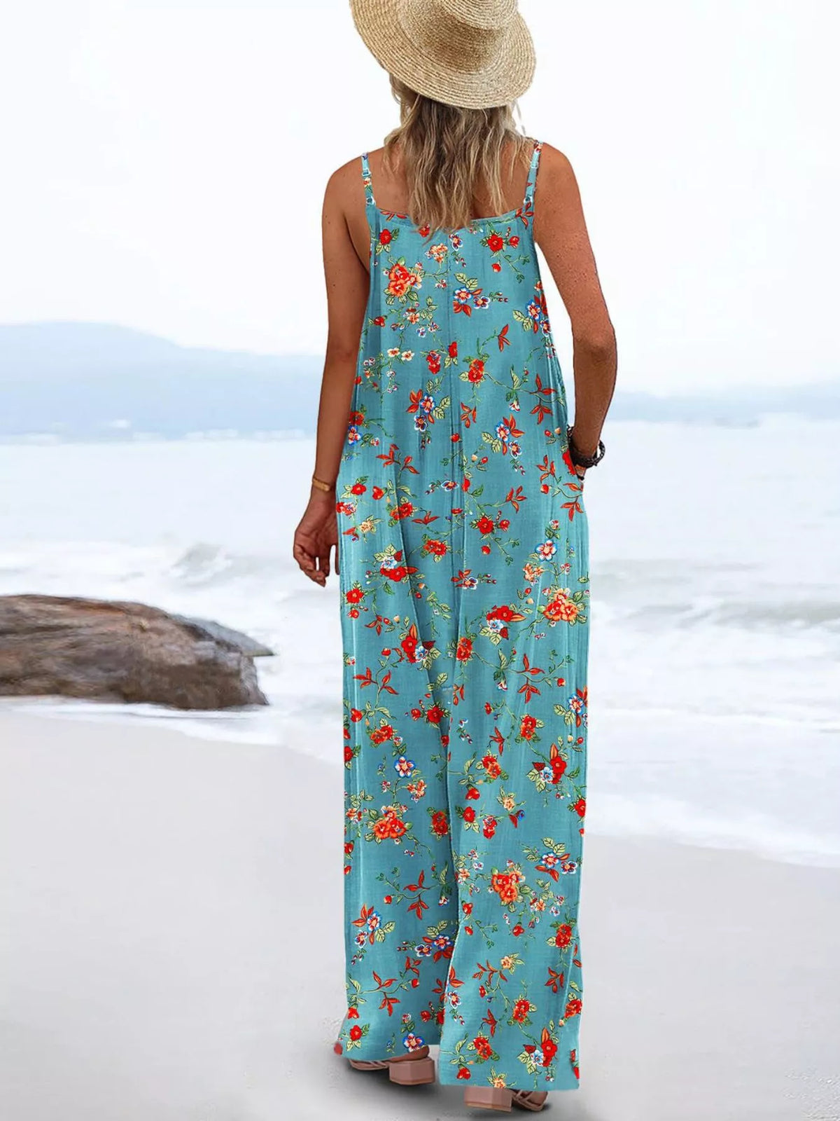Floral Print Wide-Leg Spaghetti Strap Overalls