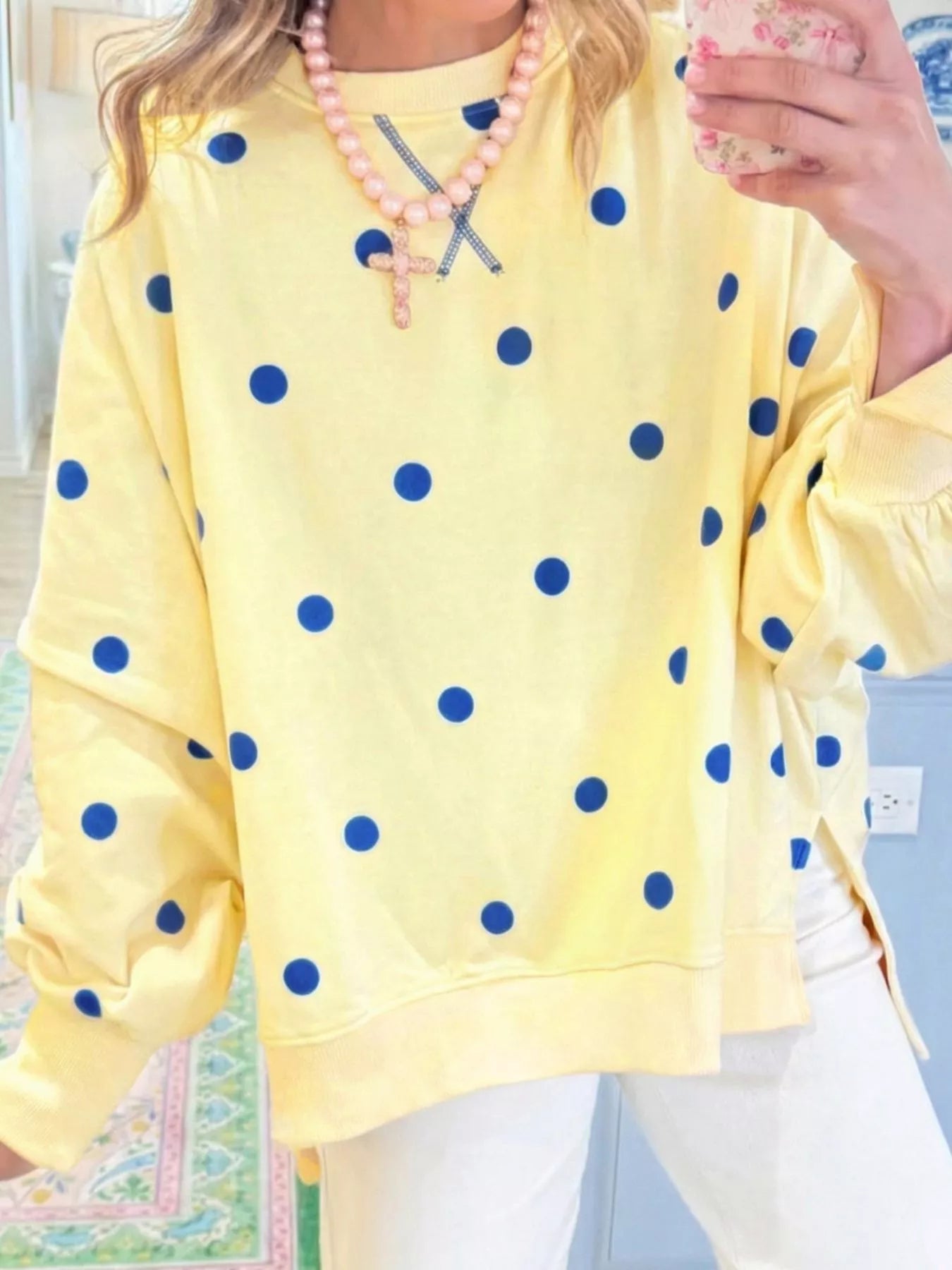 Side Slit Polka Dot Sweatshirt