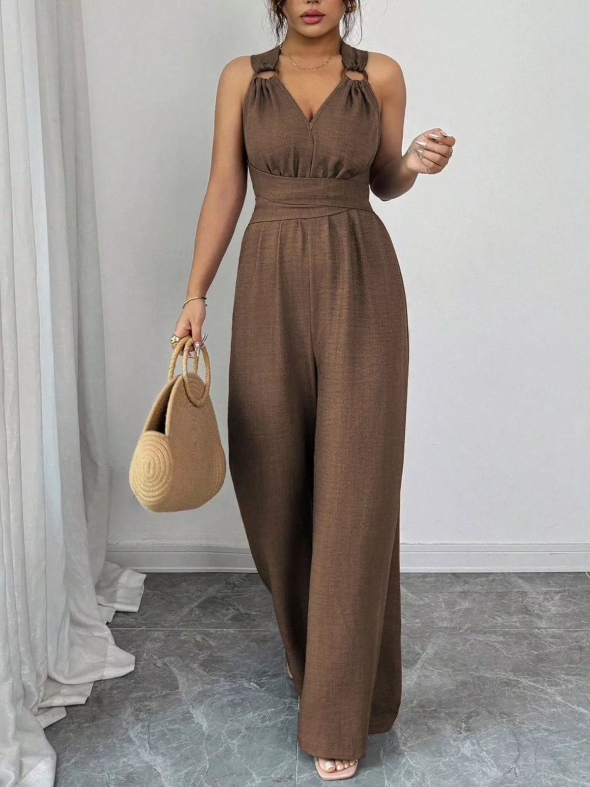 Sleeveless V-Neck Wide-Leg Jumpsuit with O-Ring Detail