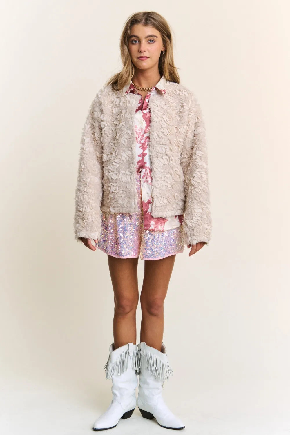 Mixed Fabric Jacket in Ash Beige by J.NNA