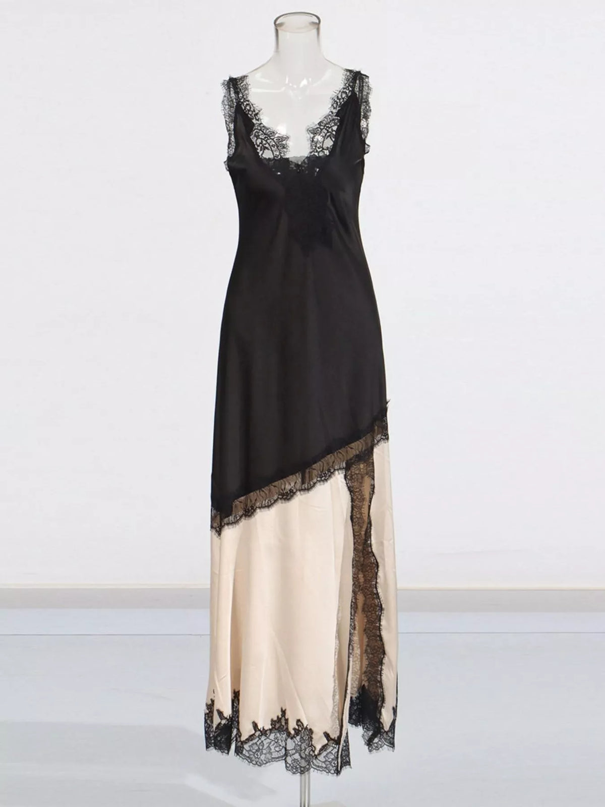 Lace-Trimmed Two-Tone Slip Dress in Black