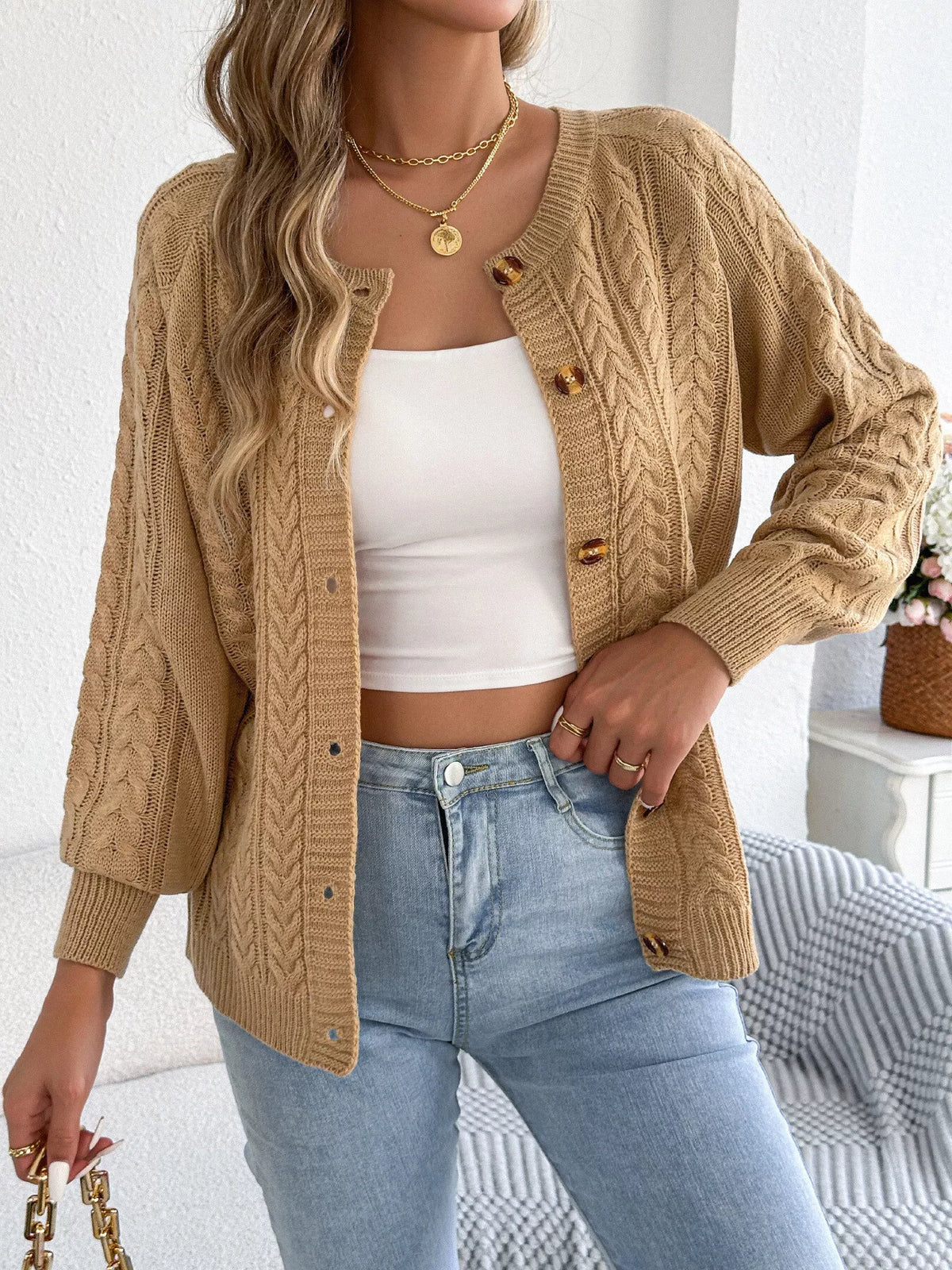 Cable-Knit Button-Front Cardigan by Clise