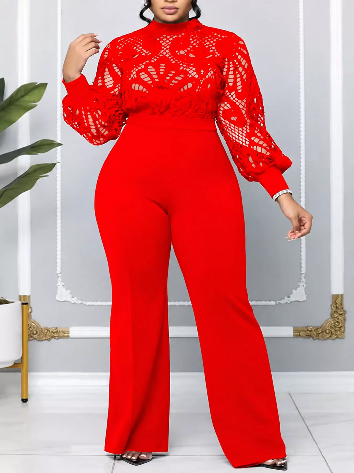 Lace Lantern Sleeve Flare Jumpsuit