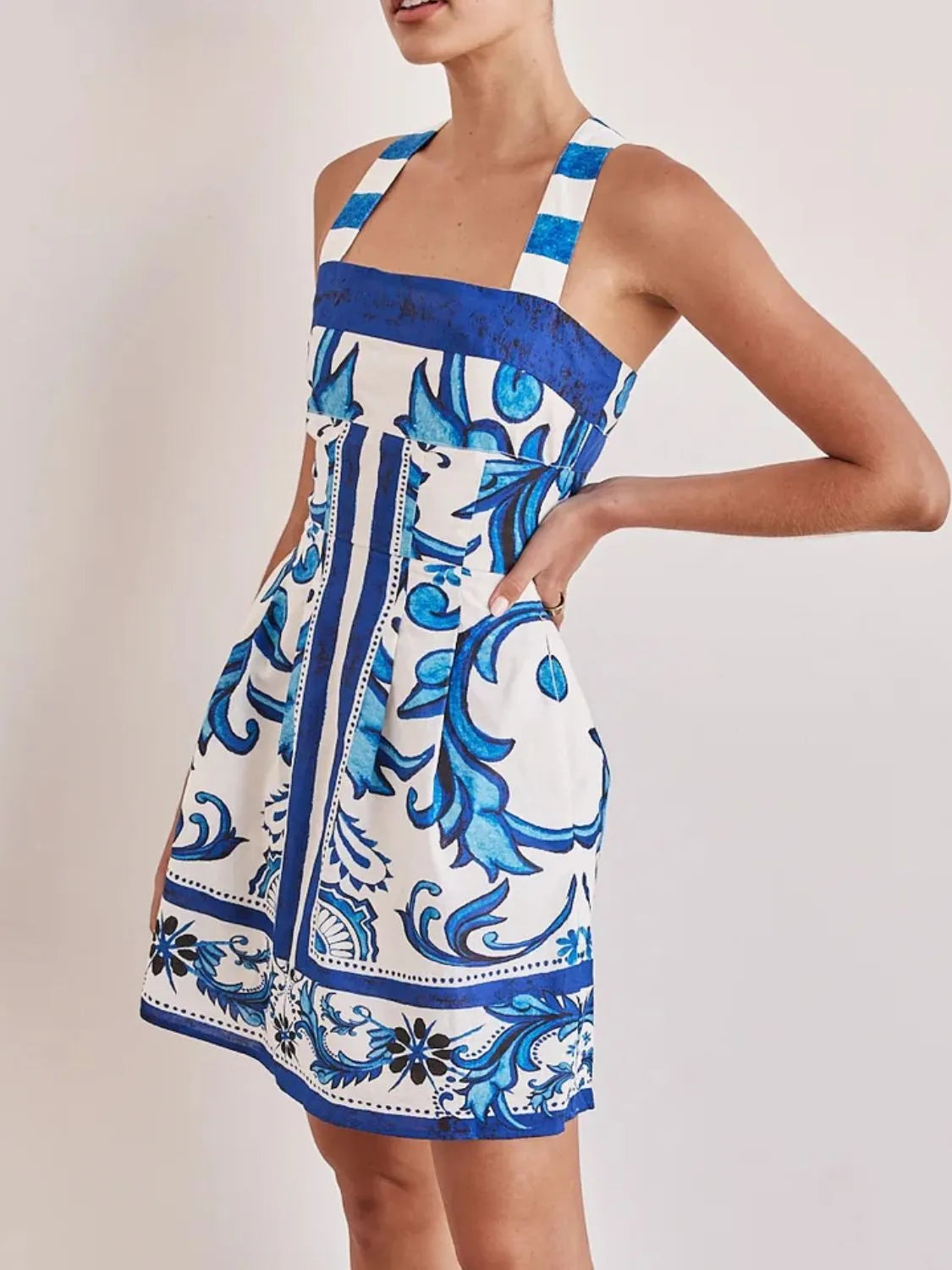 Printed Square Neck Buttoned Midi Dress