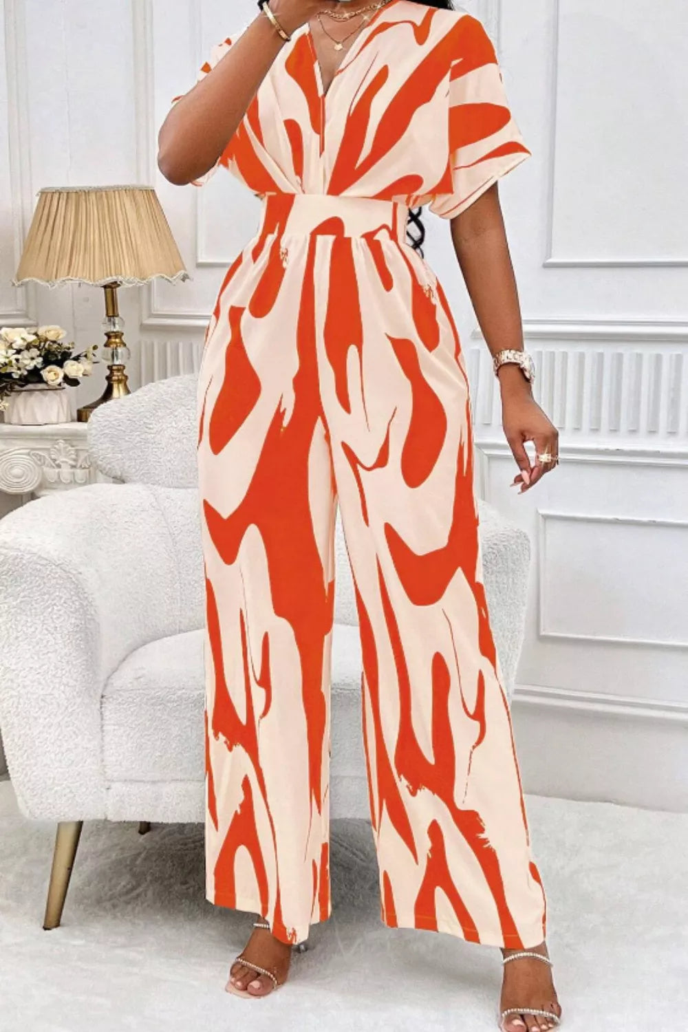 Printed V-Neck Wide Leg Jumpsuit