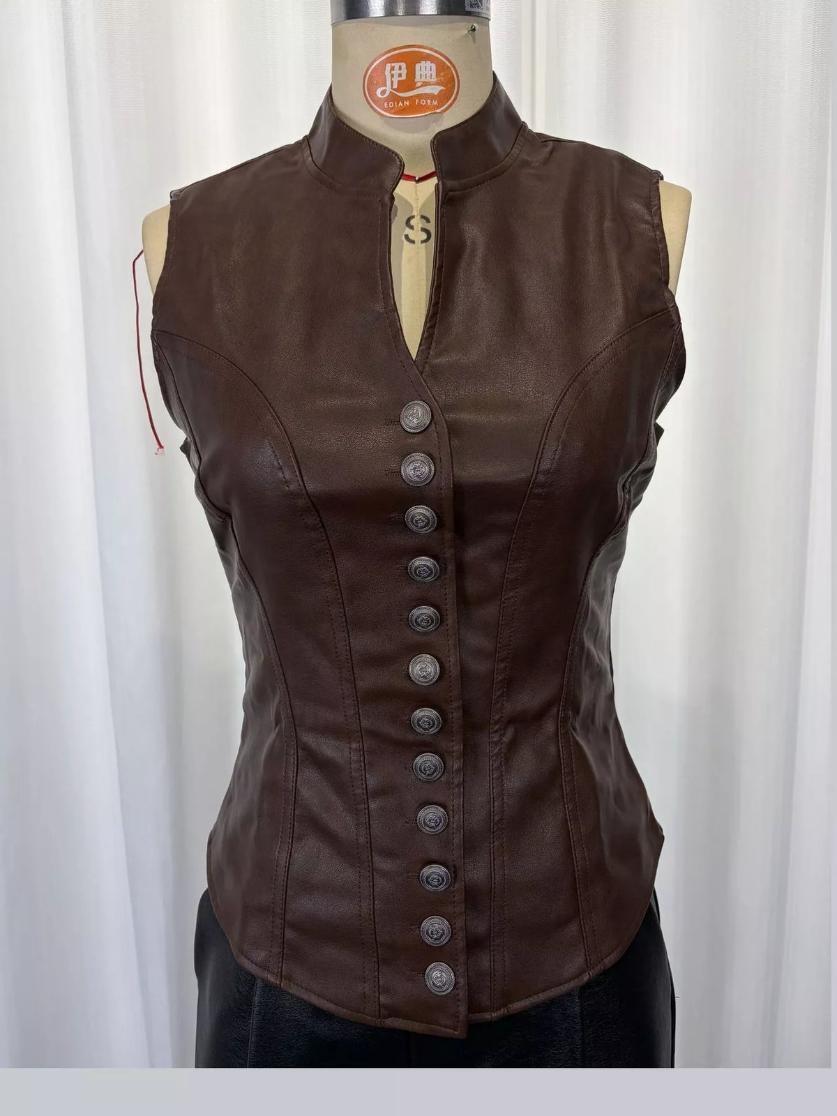 Slim-Fit Faux Leather Vest Coat in Coffee