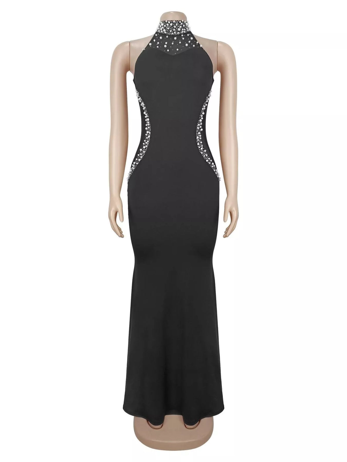 Rhinestone Mesh Maxi Dress in Black