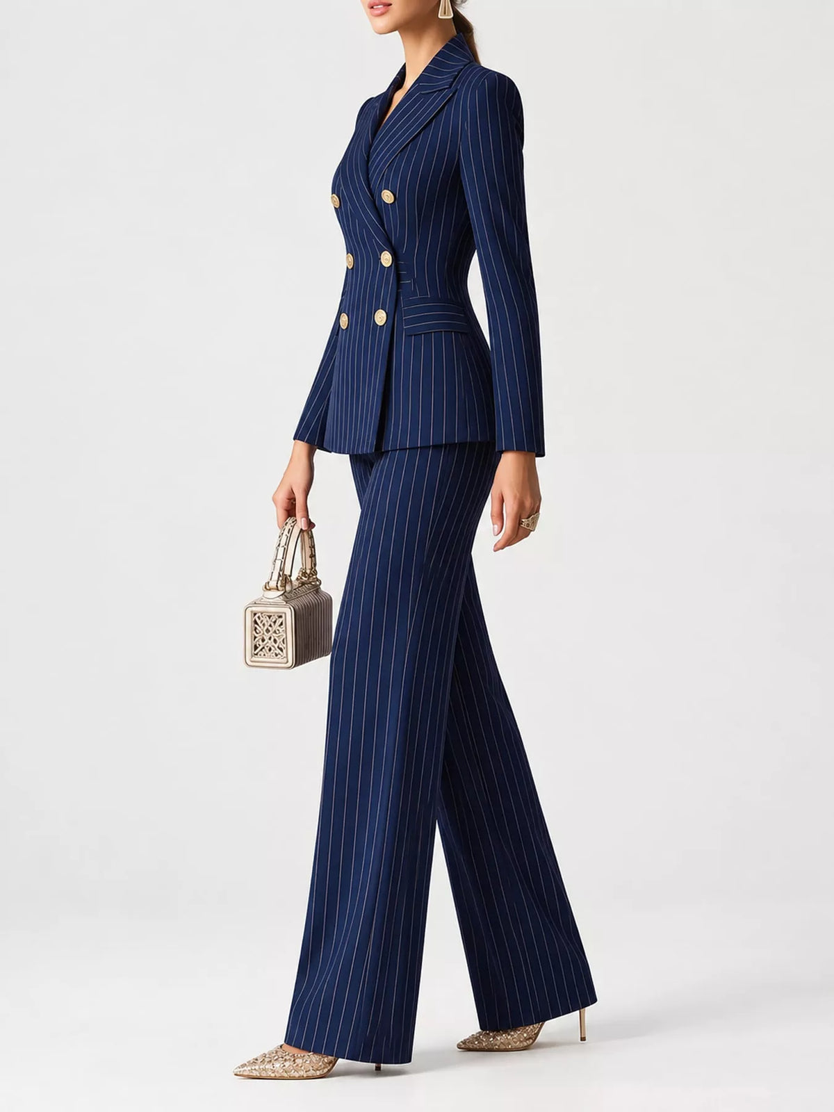 Double-Breasted Pinstripe Blazer and Pants Set