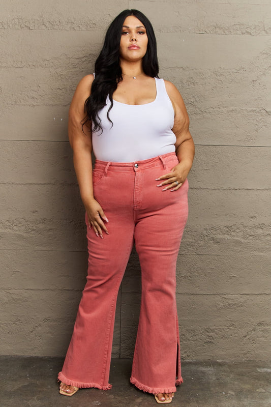 Risen Bailey High-Waist Side-Slit Flare Jeans in Coral