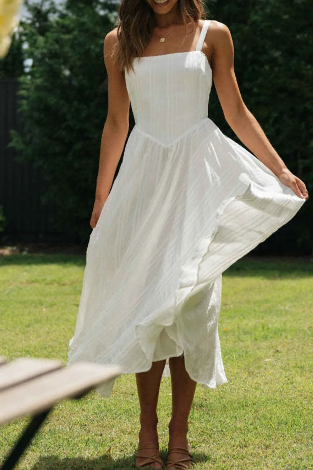 Square Neck Midi Cami Dress in White