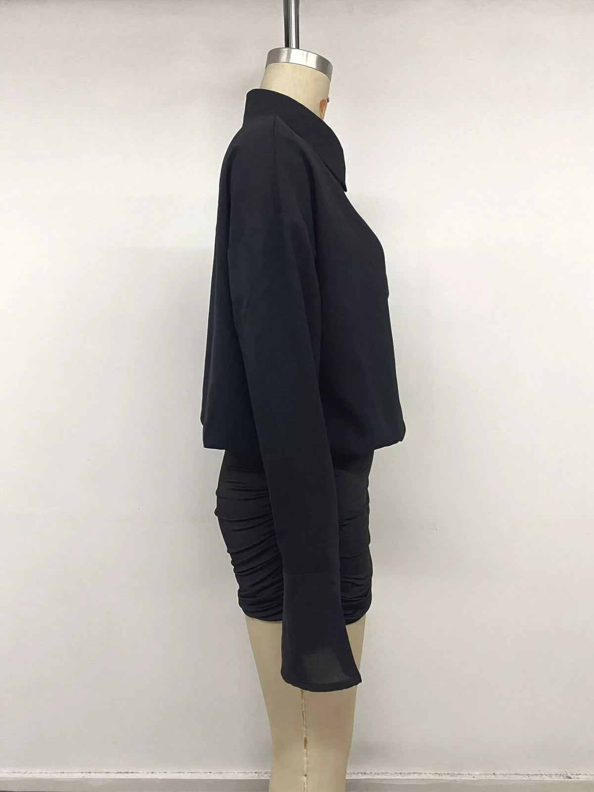 Button-Front Flounce-Sleeve Shirt Dress in Black