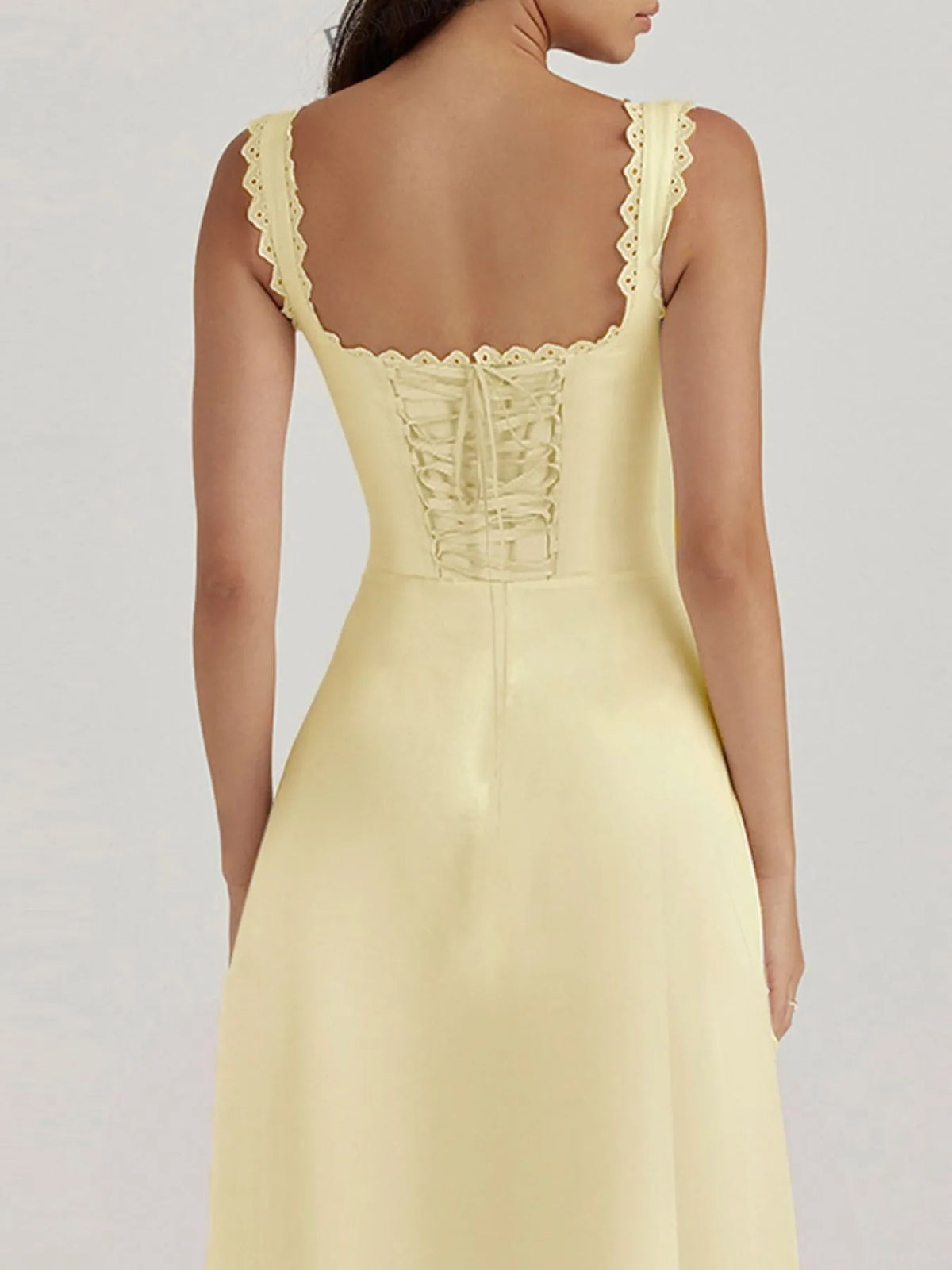 Scalloped V-Neck Lace-Up Midi Dress