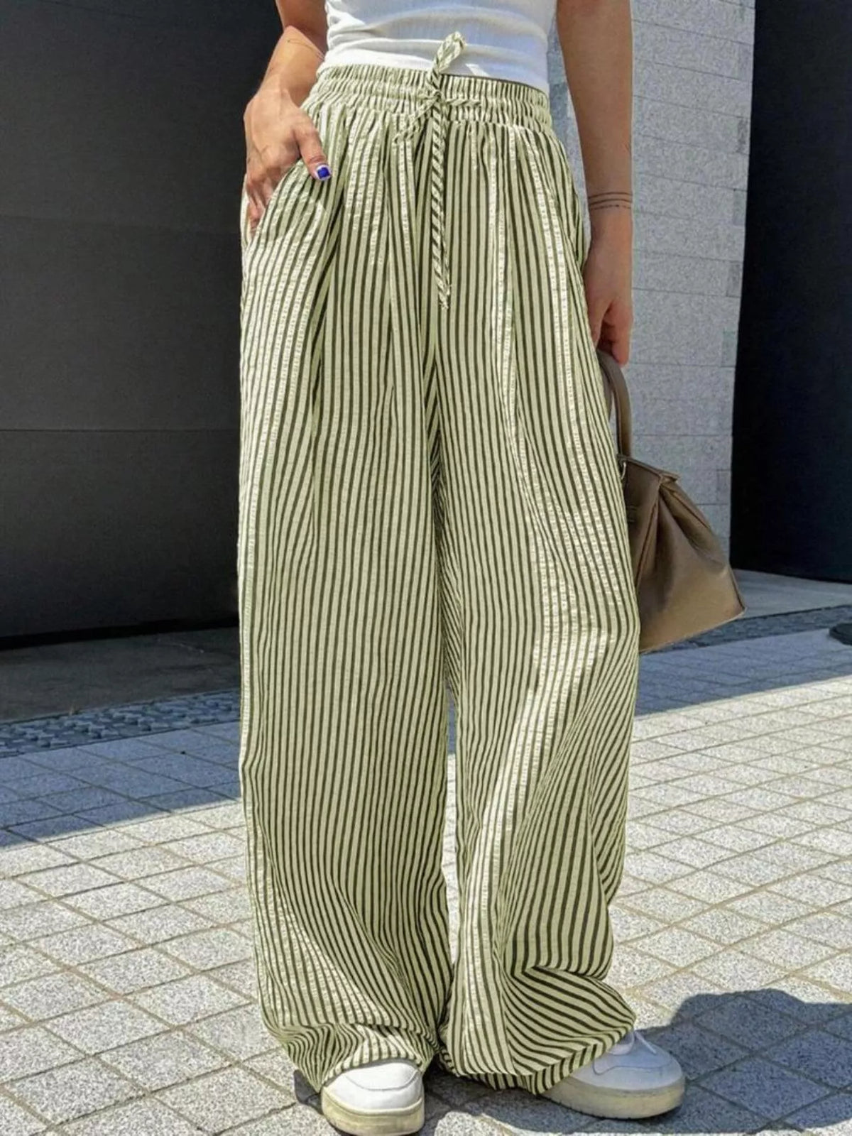 Striped Drawstring Wide Leg Pants