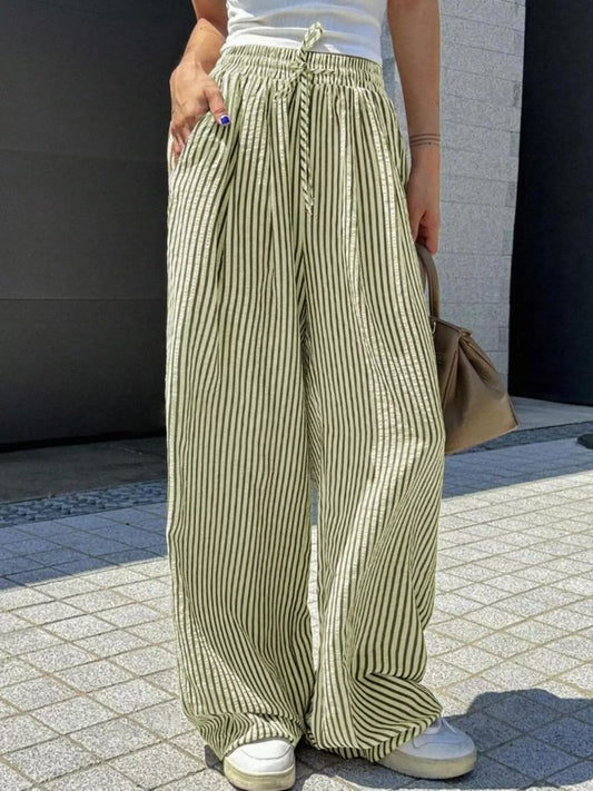 Striped Drawstring Wide Leg Pants