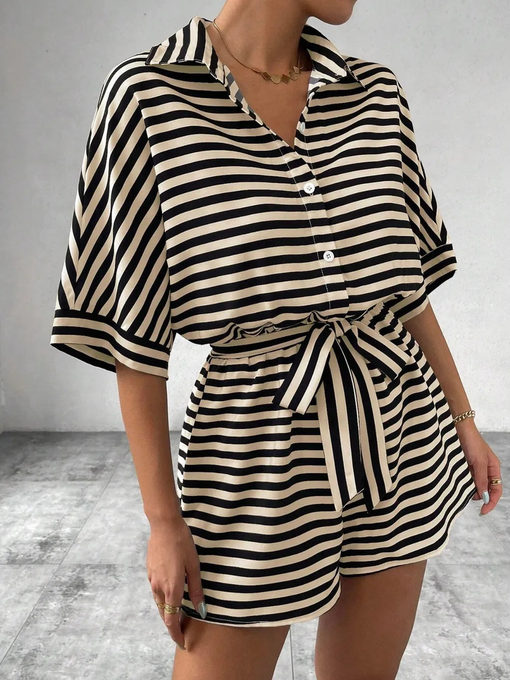 Half-Button Tie Waist Striped Romper