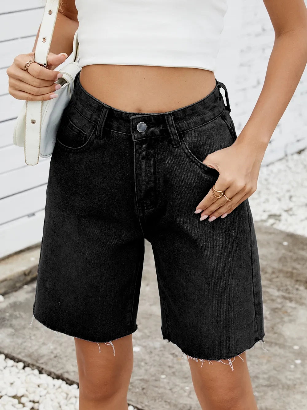 Washed Raw Hem Denim Shorts by Moni Wear