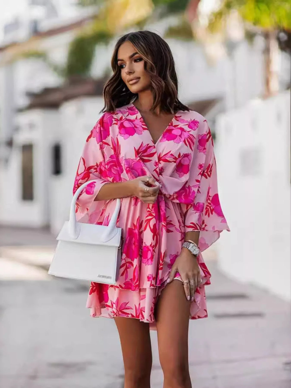 Tiered Surplice Mini Dress with Belt