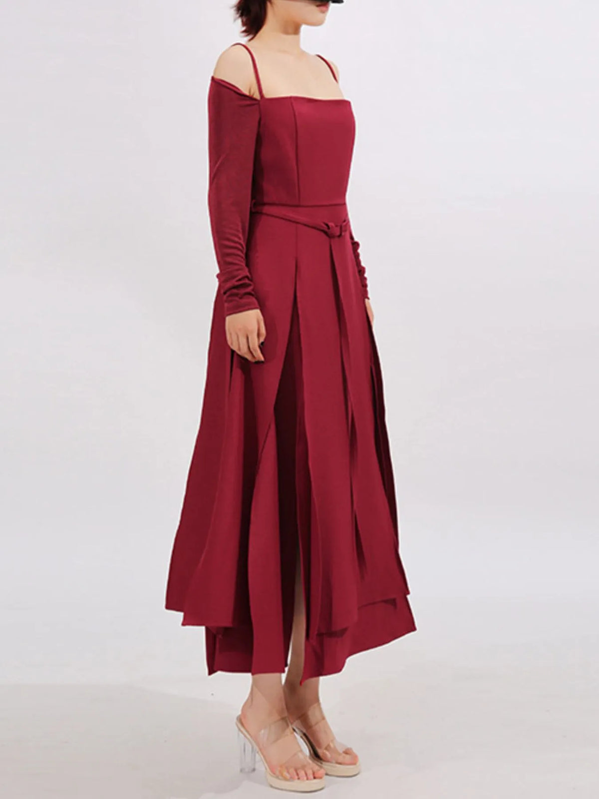 Belted Ruched Slit Long Sleeve Dress
