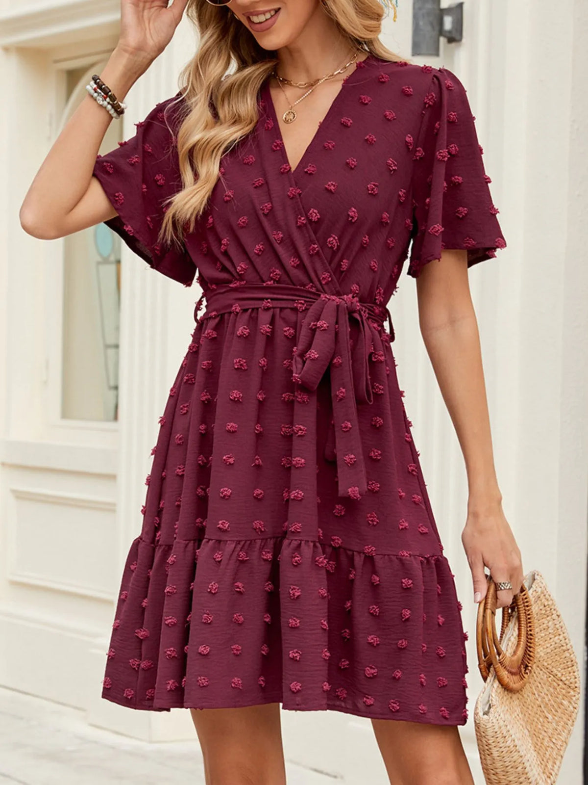Swiss Dot Wrap Dress in Burgundy