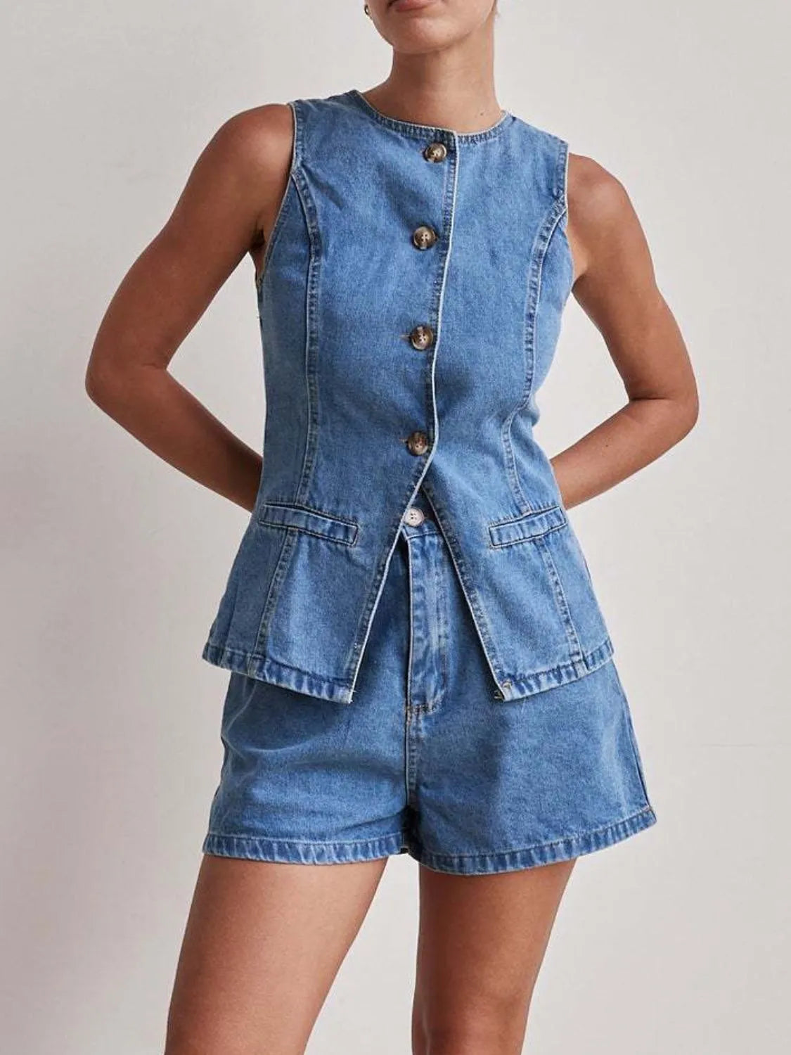 Button-Down Vest and Shorts Denim Set